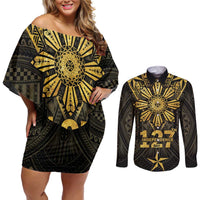 Personalised Philippines Independence Day Couples Matching Off Shoulder Short Dress and Long Sleeve Button Shirt Filipinos Sun Star Tribal LT05 Gold - Polynesian Pride