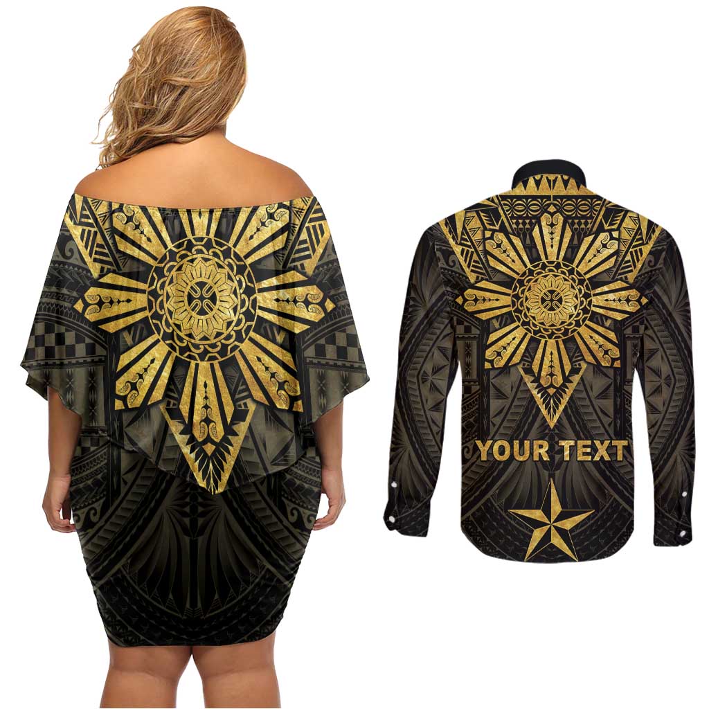 Personalised Philippines Independence Day Couples Matching Off Shoulder Short Dress and Long Sleeve Button Shirt Filipinos Sun Star Tribal LT05 - Polynesian Pride