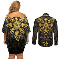 Personalised Philippines Independence Day Couples Matching Off Shoulder Short Dress and Long Sleeve Button Shirt Filipinos Sun Star Tribal LT05 - Polynesian Pride