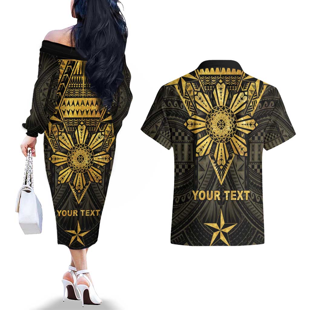 Personalised Philippines Independence Day Couples Matching Off The Shoulder Long Sleeve Dress and Hawaiian Shirt Filipinos Sun Star Tribal LT05 - Polynesian Pride