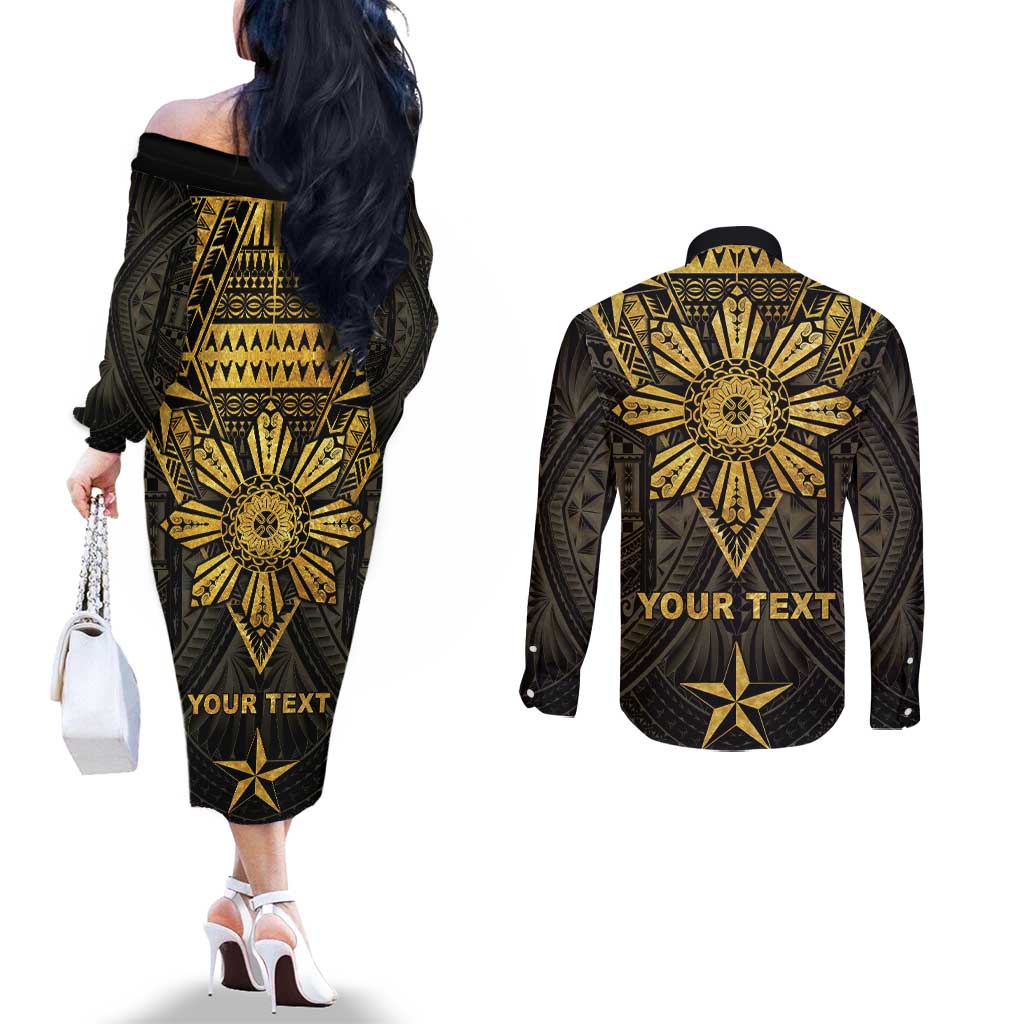 Personalised Philippines Independence Day Couples Matching Off The Shoulder Long Sleeve Dress and Long Sleeve Button Shirt Filipinos Sun Star Tribal LT05 - Polynesian Pride