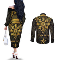Personalised Philippines Independence Day Couples Matching Off The Shoulder Long Sleeve Dress and Long Sleeve Button Shirt Filipinos Sun Star Tribal LT05 - Polynesian Pride
