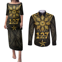 Personalised Philippines Independence Day Couples Matching Puletasi and Long Sleeve Button Shirt Filipinos Sun Star Tribal LT05 Gold - Polynesian Pride