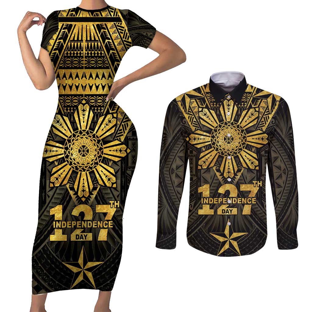 Personalised Philippines Independence Day Couples Matching Short Sleeve Bodycon Dress and Long Sleeve Button Shirt Filipinos Sun Star Tribal LT05 Gold - Polynesian Pride