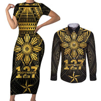 Personalised Philippines Independence Day Couples Matching Short Sleeve Bodycon Dress and Long Sleeve Button Shirt Filipinos Sun Star Tribal LT05 Gold - Polynesian Pride