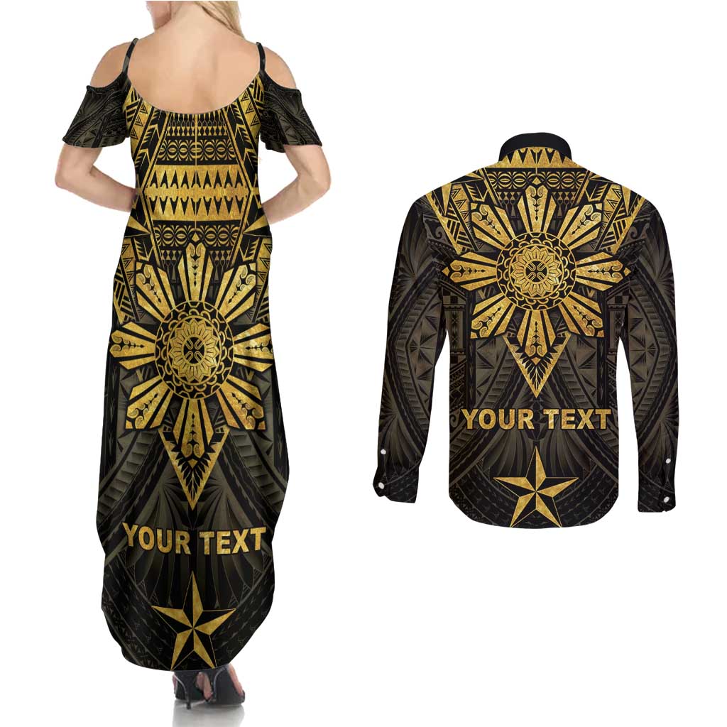Personalised Philippines Independence Day Couples Matching Summer Maxi Dress and Long Sleeve Button Shirt Filipinos Sun Star Tribal LT05 - Polynesian Pride