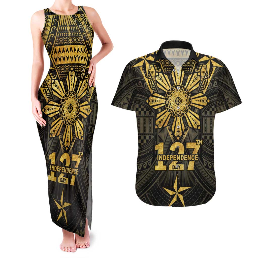Personalised Philippines Independence Day Couples Matching Tank Maxi Dress and Hawaiian Shirt Filipinos Sun Star Tribal LT05 Gold - Polynesian Pride