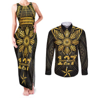 Personalised Philippines Independence Day Couples Matching Tank Maxi Dress and Long Sleeve Button Shirt Filipinos Sun Star Tribal LT05 Gold - Polynesian Pride