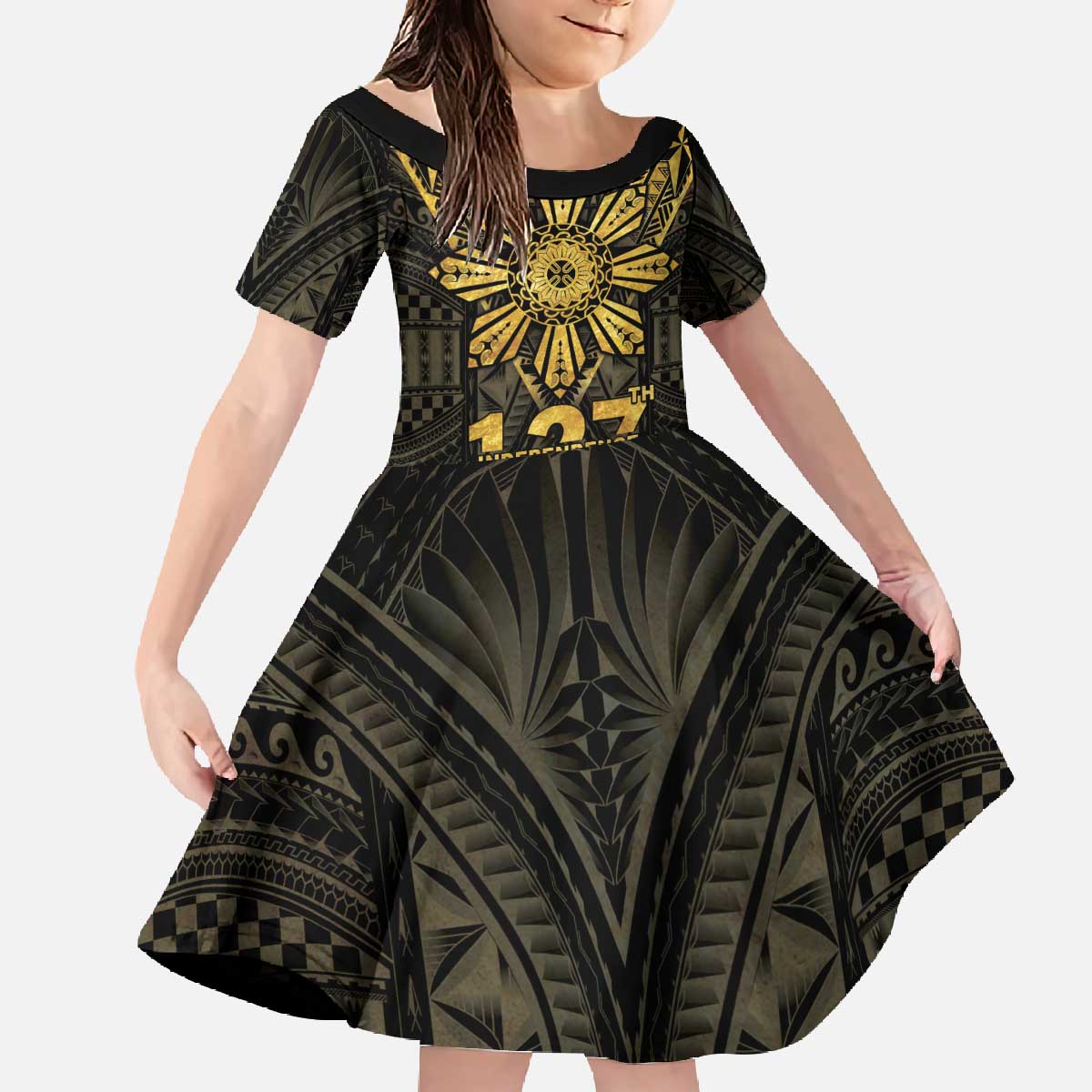 Personalised Philippines Independence Day Family Matching Off The Shoulder Long Sleeve Dress and Hawaiian Shirt Filipinos Sun Star Tribal LT05 Daughter's Dress Gold - Polynesian Pride