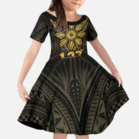 Personalised Philippines Independence Day Family Matching Off The Shoulder Long Sleeve Dress and Hawaiian Shirt Filipinos Sun Star Tribal LT05 Daughter's Dress Gold - Polynesian Pride