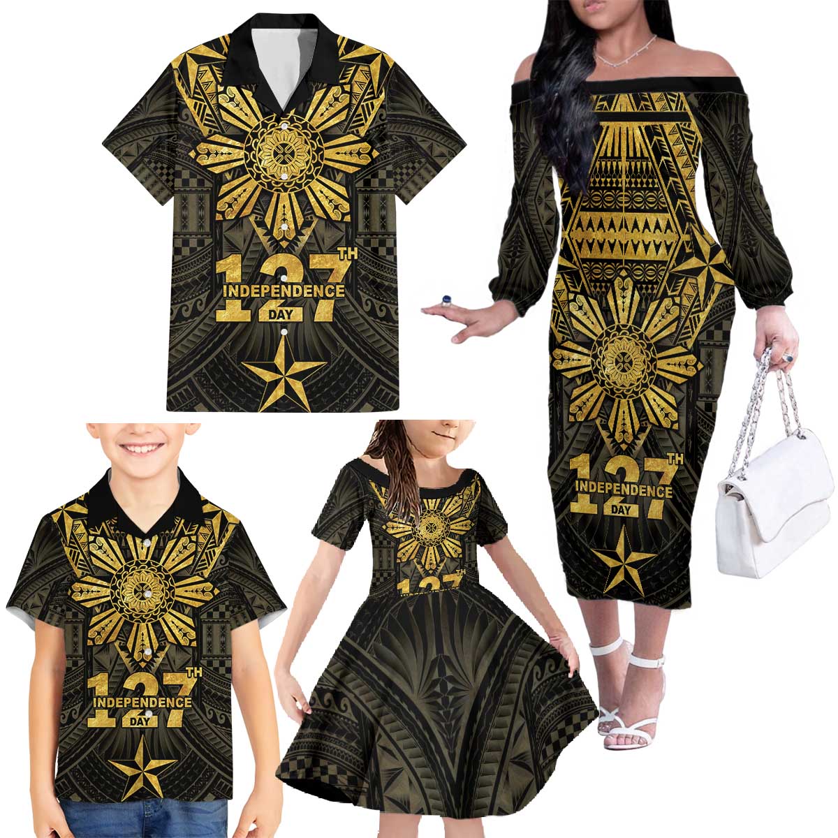 Personalised Philippines Independence Day Family Matching Off The Shoulder Long Sleeve Dress and Hawaiian Shirt Filipinos Sun Star Tribal LT05 - Polynesian Pride