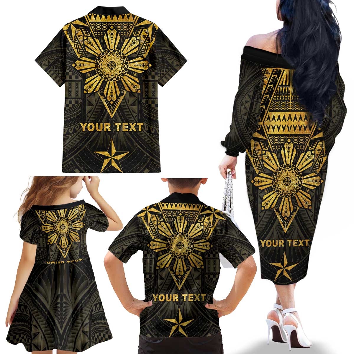 Personalised Philippines Independence Day Family Matching Off The Shoulder Long Sleeve Dress and Hawaiian Shirt Filipinos Sun Star Tribal LT05 - Polynesian Pride