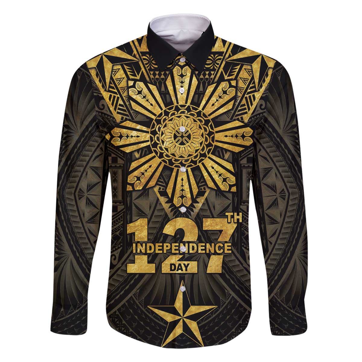 Personalised Philippines Independence Day Family Matching Off The Shoulder Long Sleeve Dress and Hawaiian Shirt Filipinos Sun Star Tribal LT05 Dad's Shirt - Long Sleeve Gold - Polynesian Pride