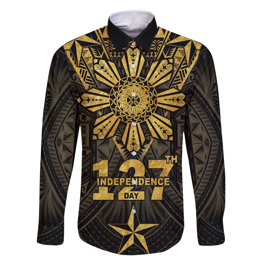 Personalised Philippines Independence Day Family Matching Off Shoulder Maxi Dress and Hawaiian Shirt Filipinos Sun Star Tribal LT05 Dad's Shirt - Long Sleeve Gold - Polynesian Pride
