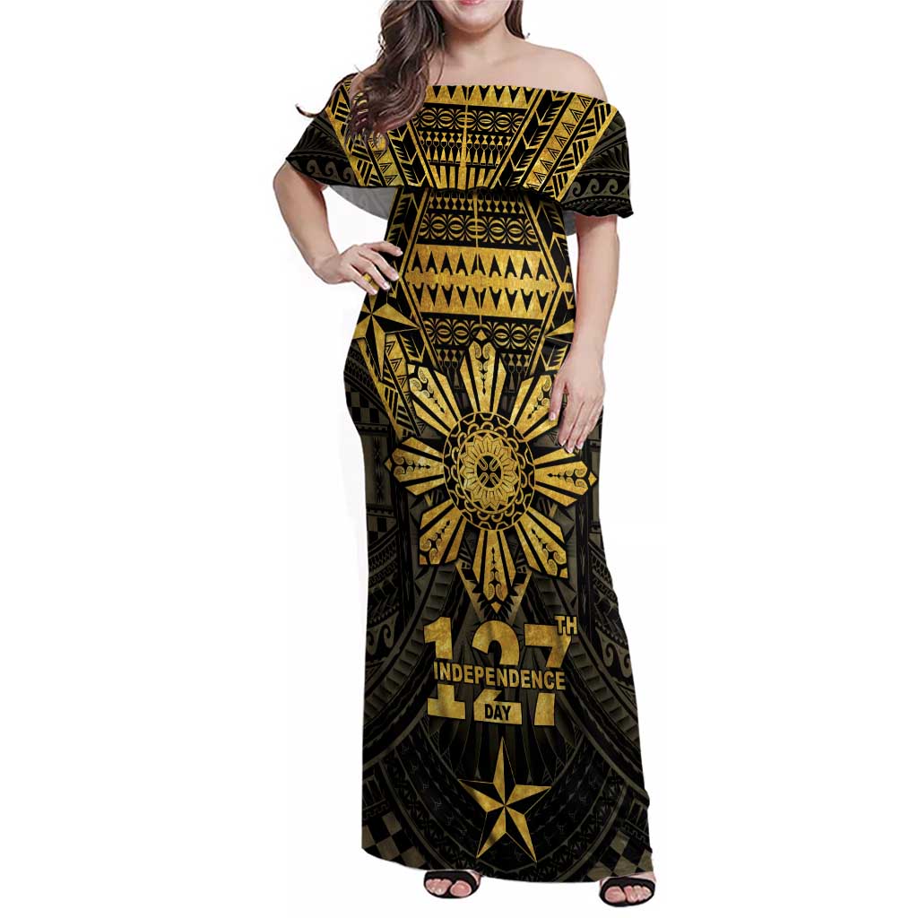 Personalised Philippines Independence Day Family Matching Off Shoulder Maxi Dress and Hawaiian Shirt Filipinos Sun Star Tribal LT05 Mom's Dress Gold - Polynesian Pride