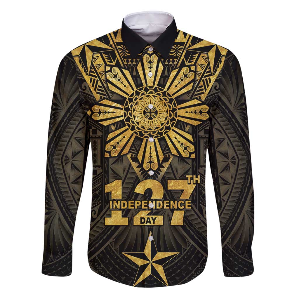 Personalised Philippines Independence Day Family Matching Puletasi and Hawaiian Shirt Filipinos Sun Star Tribal LT05 Dad's Shirt - Long Sleeve Gold - Polynesian Pride