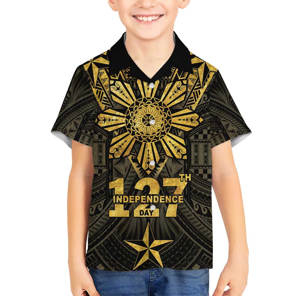 Personalised Philippines Independence Day Family Matching Puletasi and Hawaiian Shirt Filipinos Sun Star Tribal LT05 Son's Shirt Gold - Polynesian Pride