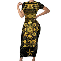 Personalised Philippines Independence Day Family Matching Short Sleeve Bodycon Dress and Hawaiian Shirt Filipinos Sun Star Tribal LT05 Mom's Dress Gold - Polynesian Pride
