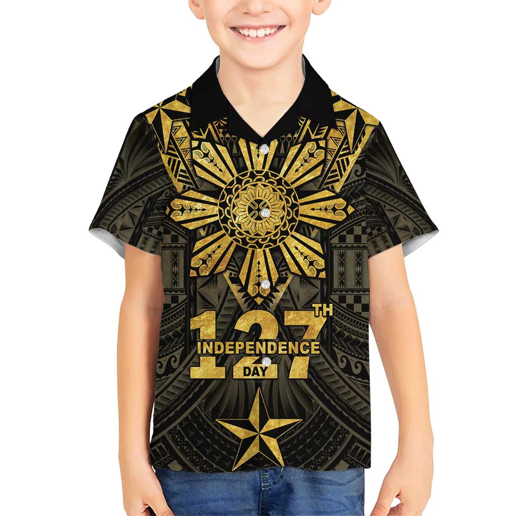 Personalised Philippines Independence Day Family Matching Short Sleeve Bodycon Dress and Hawaiian Shirt Filipinos Sun Star Tribal LT05 Son's Shirt Gold - Polynesian Pride