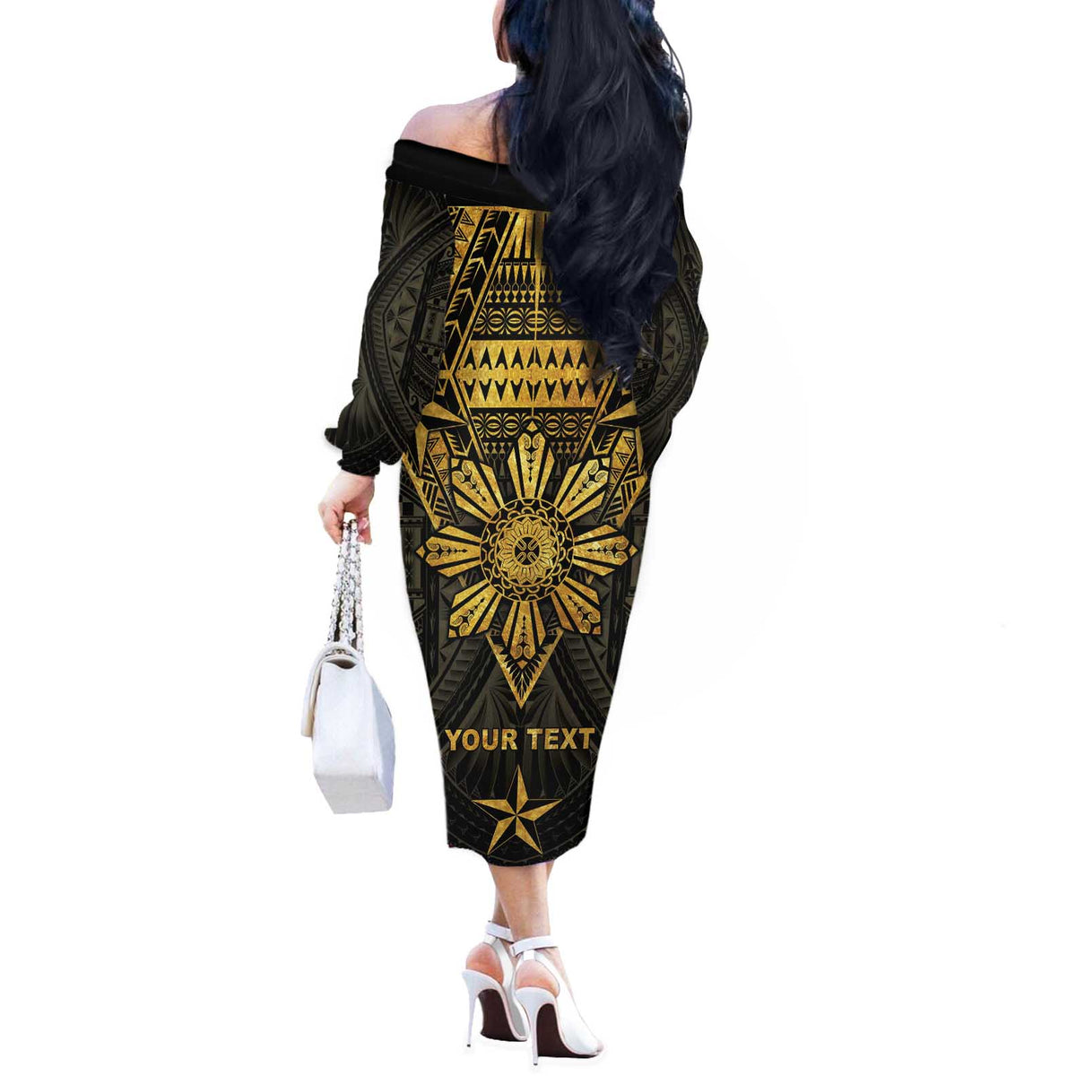 Personalised Philippines Independence Day Off The Shoulder Long Sleeve Dress Filipinos Sun Star Tribal LT05 - Polynesian Pride