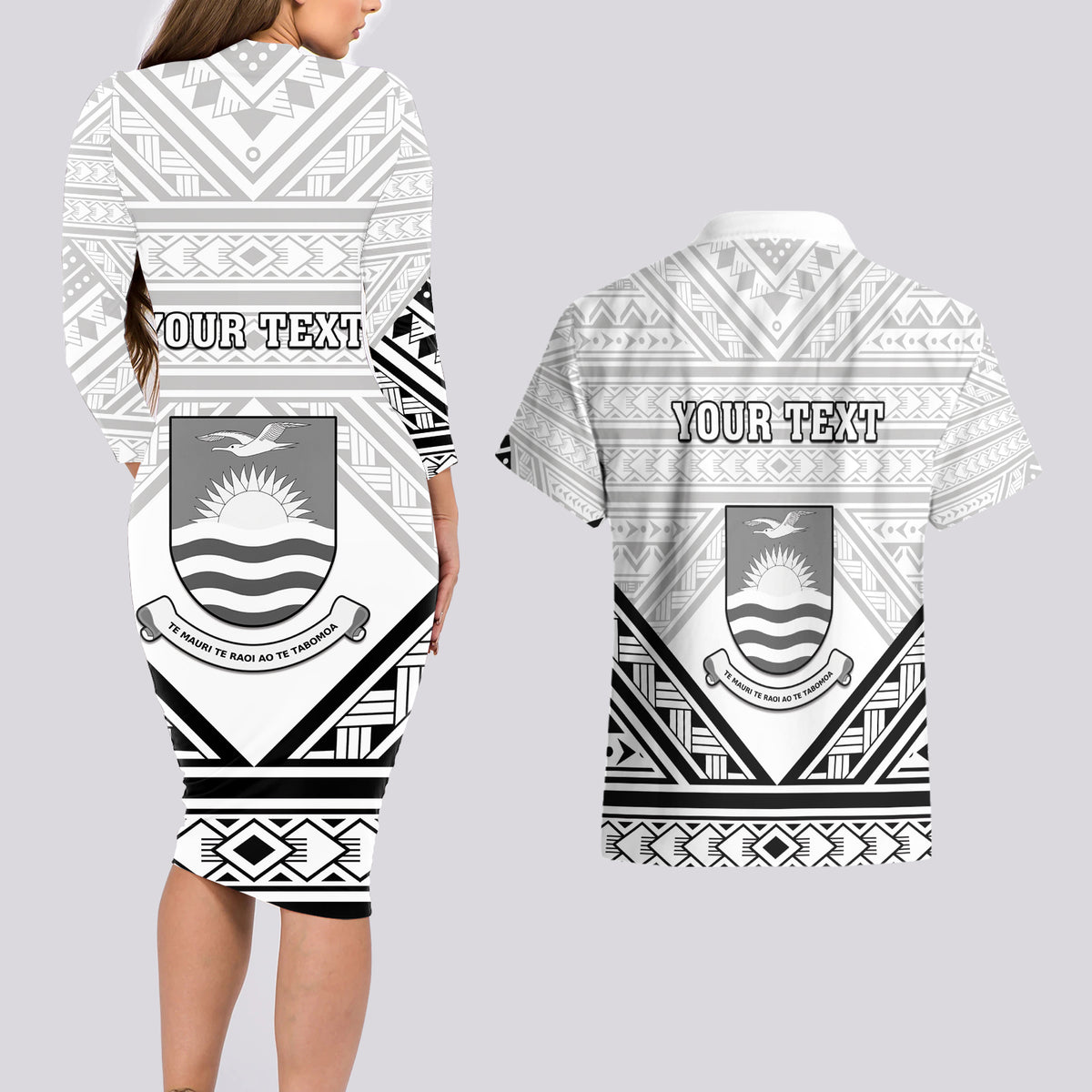 Personalised Kiribati Gospel Day Couples Matching Long Sleeve Bodycon Dress and Hawaiian Shirt Coat Of Arms Polynesian Pattern LT05 - Polynesian Pride