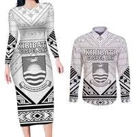 Personalised Kiribati Gospel Day Couples Matching Long Sleeve Bodycon Dress and Long Sleeve Button Shirt Coat Of Arms Polynesian Pattern LT05 White - Polynesian Pride