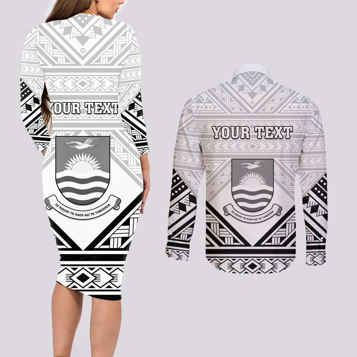Personalised Kiribati Gospel Day Couples Matching Long Sleeve Bodycon Dress and Long Sleeve Button Shirt Coat Of Arms Polynesian Pattern LT05 - Polynesian Pride