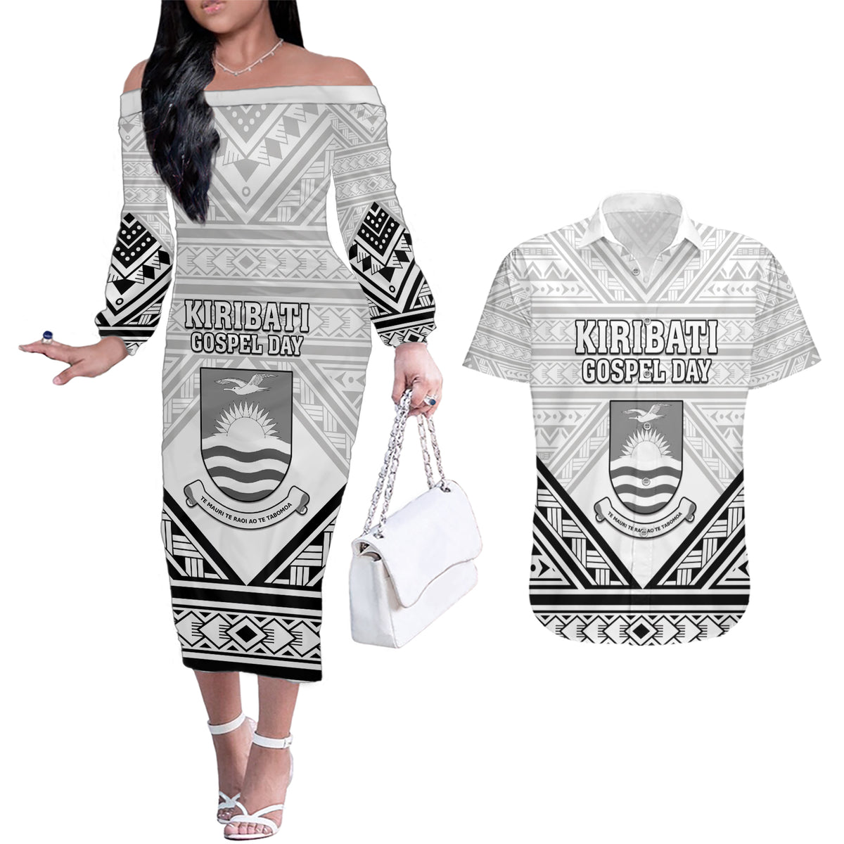 Personalised Kiribati Gospel Day Couples Matching Off The Shoulder Long Sleeve Dress and Hawaiian Shirt Coat Of Arms Polynesian Pattern LT05 White - Polynesian Pride