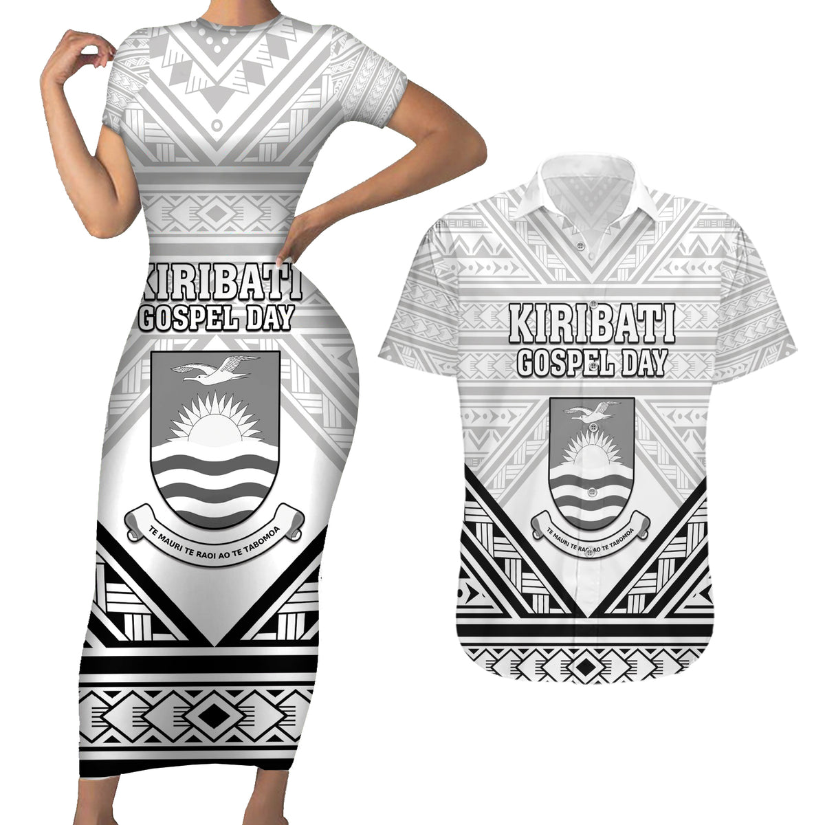 Personalised Kiribati Gospel Day Couples Matching Short Sleeve Bodycon Dress and Hawaiian Shirt Coat Of Arms Polynesian Pattern LT05 White - Polynesian Pride