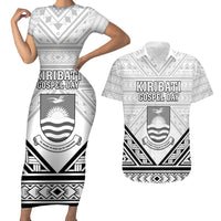 Personalised Kiribati Gospel Day Couples Matching Short Sleeve Bodycon Dress and Hawaiian Shirt Coat Of Arms Polynesian Pattern LT05 White - Polynesian Pride