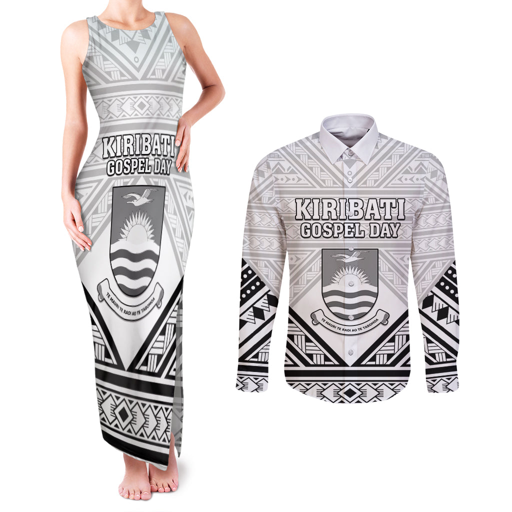 Personalised Kiribati Gospel Day Couples Matching Tank Maxi Dress and Long Sleeve Button Shirt Coat Of Arms Polynesian Pattern LT05 White - Polynesian Pride