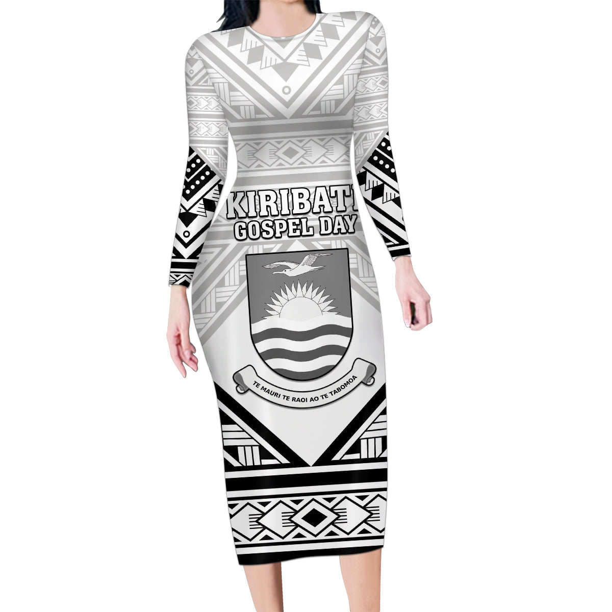 Personalised Kiribati Gospel Day Family Matching Long Sleeve Bodycon Dress and Hawaiian Shirt Coat Of Arms Polynesian Pattern LT05 Mom's Dress White - Polynesian Pride