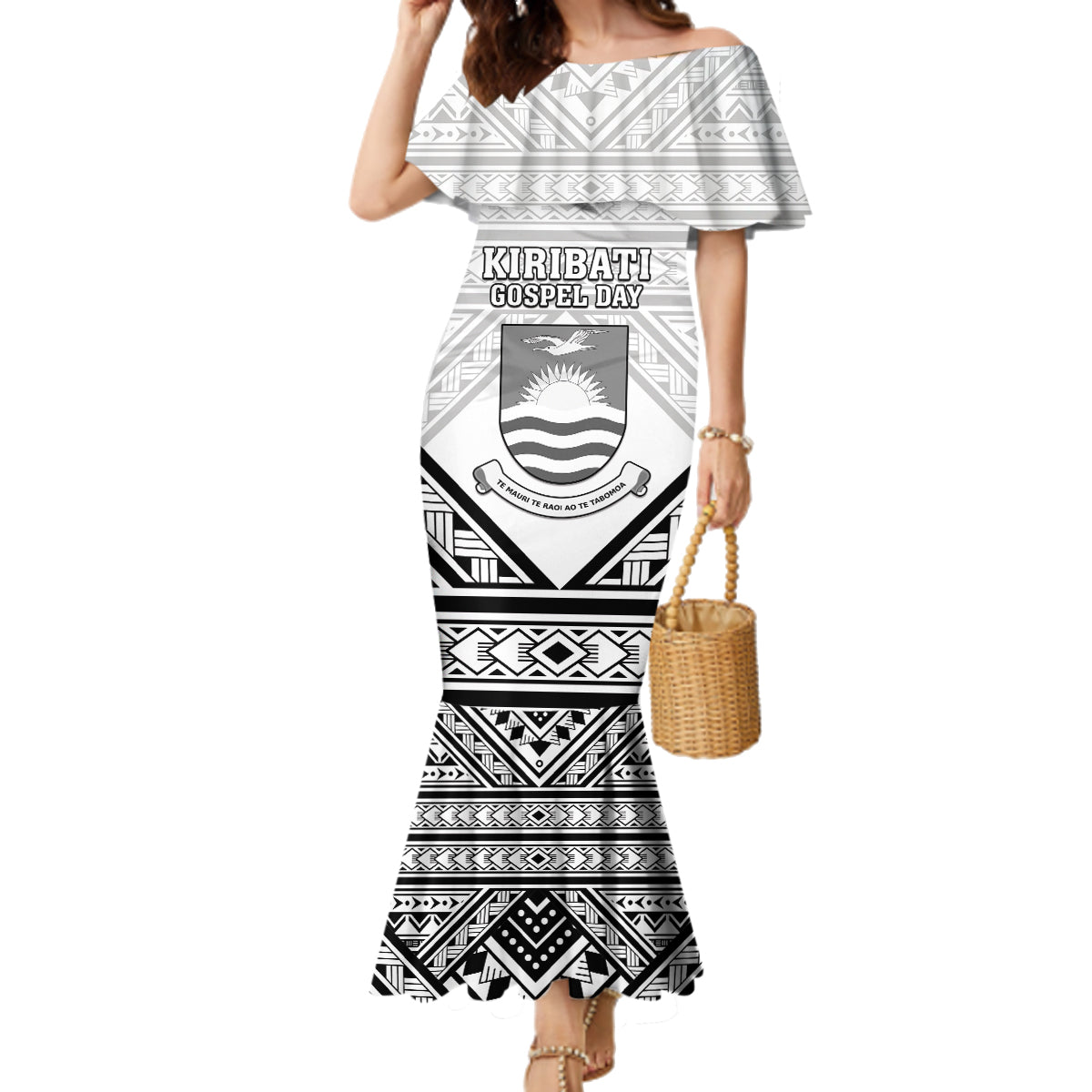 Personalised Kiribati Gospel Day Family Matching Mermaid Dress and Hawaiian Shirt Coat Of Arms Polynesian Pattern LT05 Mom's Dress White - Polynesian Pride
