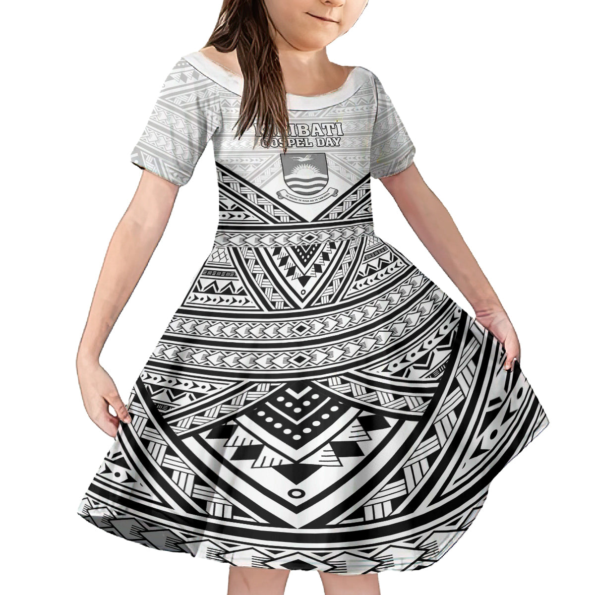 Personalised Kiribati Gospel Day Family Matching Off Shoulder Maxi Dress and Hawaiian Shirt Coat Of Arms Polynesian Pattern LT05 Daughter's Dress White - Polynesian Pride