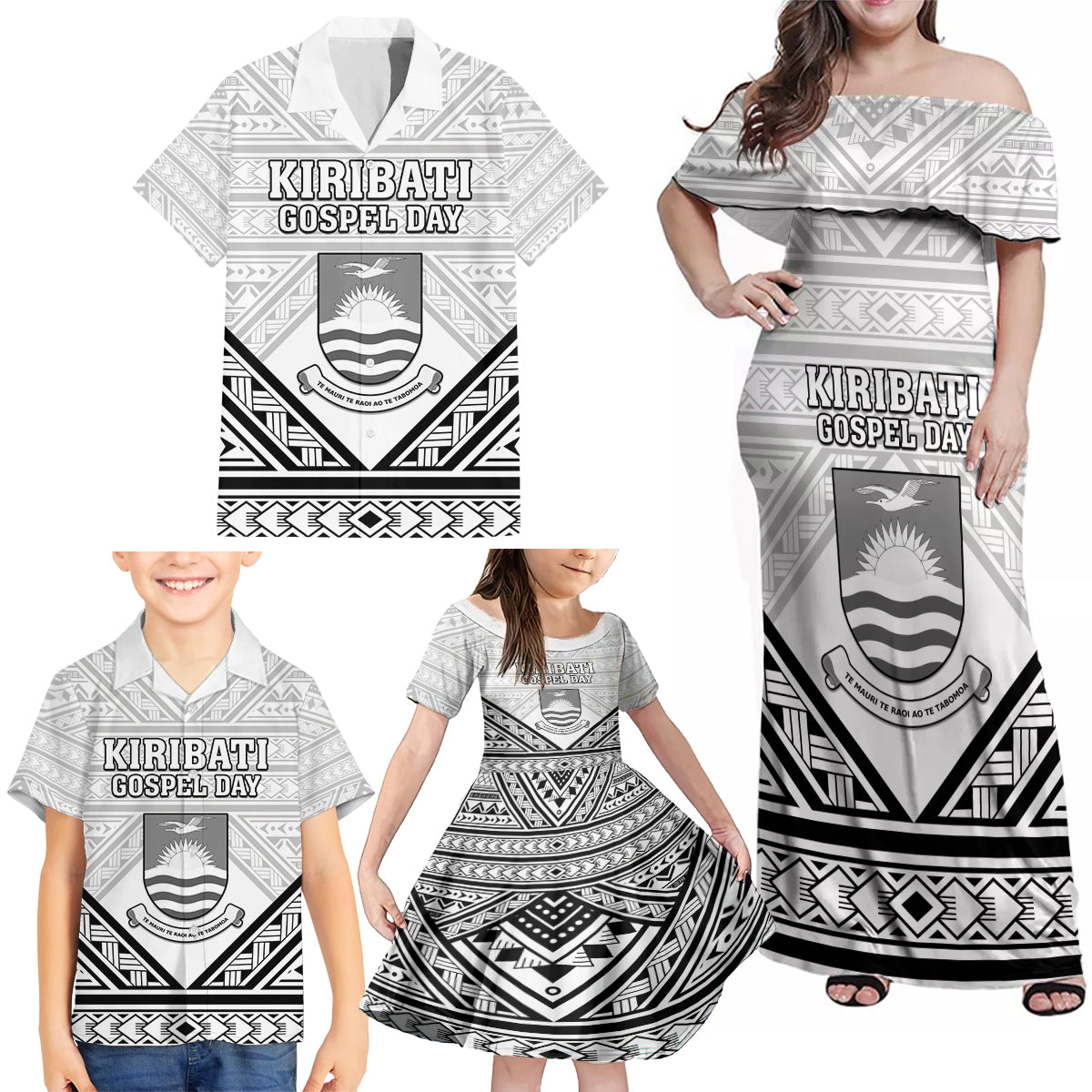 Personalised Kiribati Gospel Day Family Matching Off Shoulder Maxi Dress and Hawaiian Shirt Coat Of Arms Polynesian Pattern LT05 - Polynesian Pride