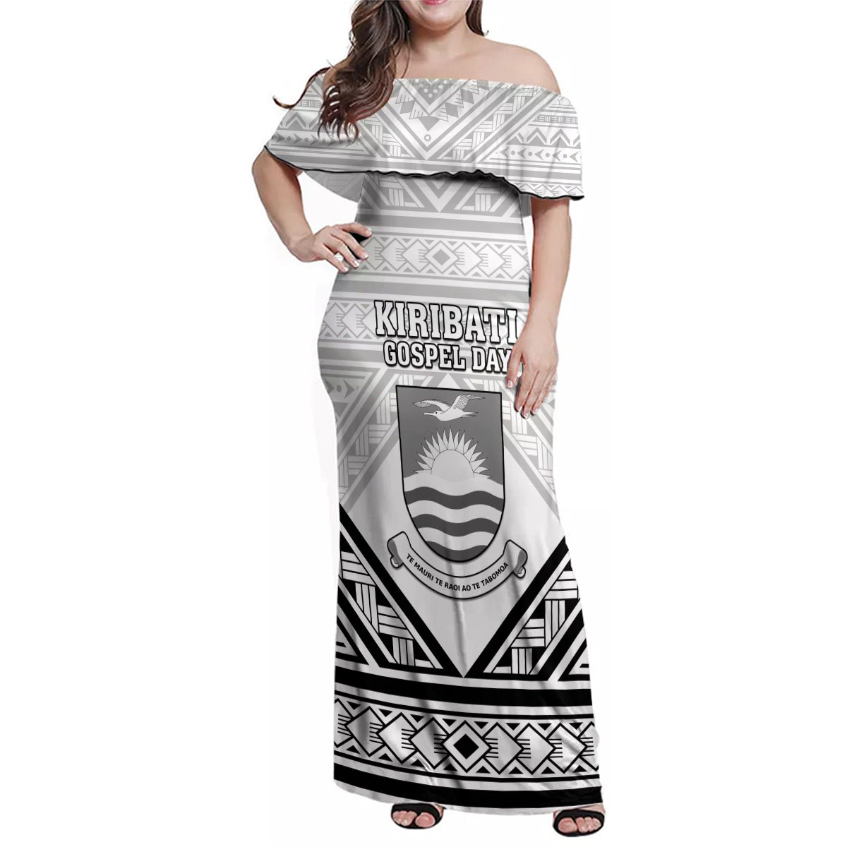 Personalised Kiribati Gospel Day Family Matching Off Shoulder Maxi Dress and Hawaiian Shirt Coat Of Arms Polynesian Pattern LT05 Mom's Dress White - Polynesian Pride