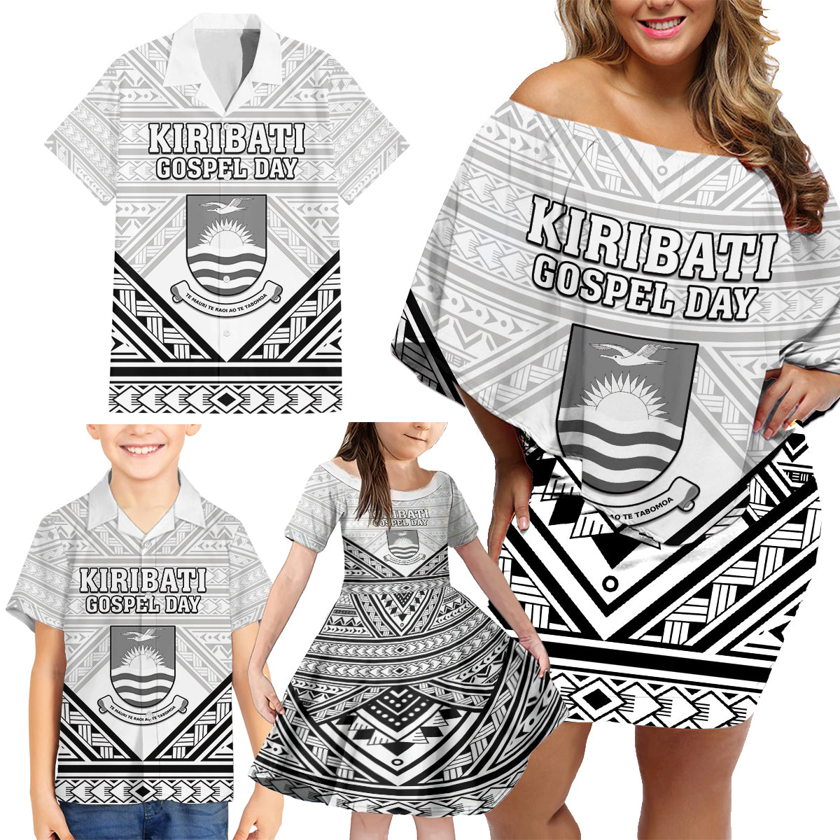 Personalised Kiribati Gospel Day Family Matching Off Shoulder Short Dress and Hawaiian Shirt Coat Of Arms Polynesian Pattern LT05 - Polynesian Pride