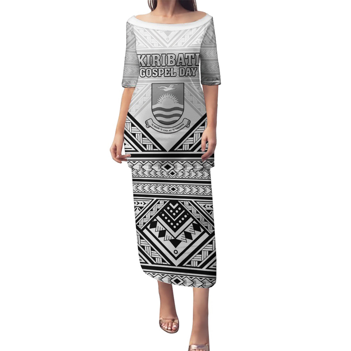 Personalised Kiribati Gospel Day Family Matching Puletasi and Hawaiian Shirt Coat Of Arms Polynesian Pattern LT05 Mom's Dress White - Polynesian Pride