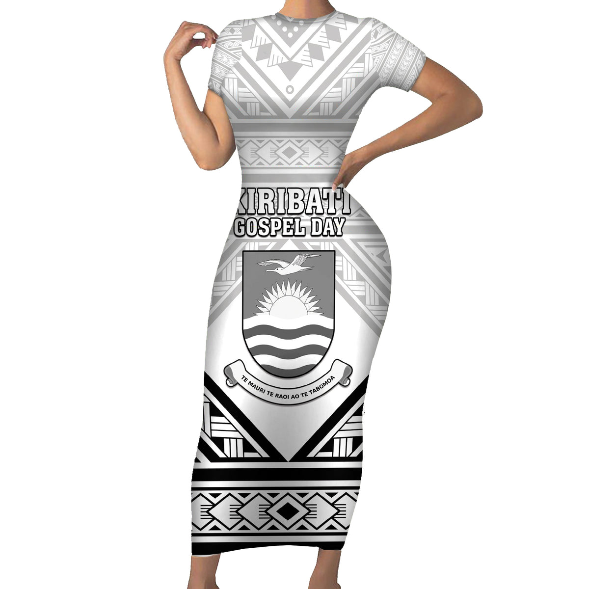 Personalised Kiribati Gospel Day Family Matching Short Sleeve Bodycon Dress and Hawaiian Shirt Coat Of Arms Polynesian Pattern LT05 Mom's Dress White - Polynesian Pride