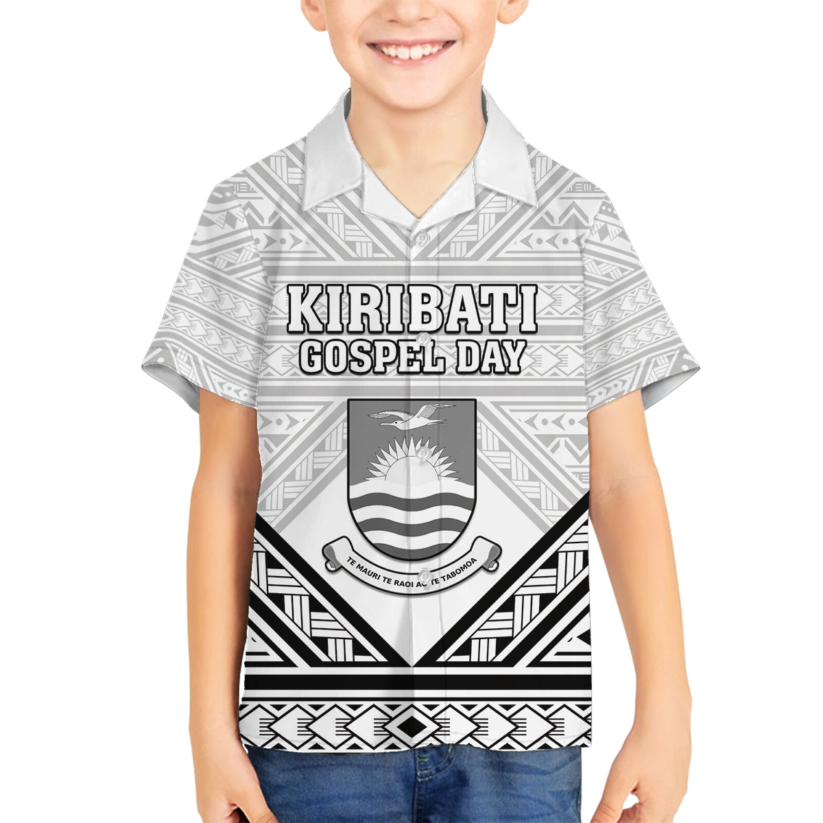 Personalised Kiribati Gospel Day Family Matching Summer Maxi Dress and Hawaiian Shirt Coat Of Arms Polynesian Pattern LT05 Son's Shirt White - Polynesian Pride