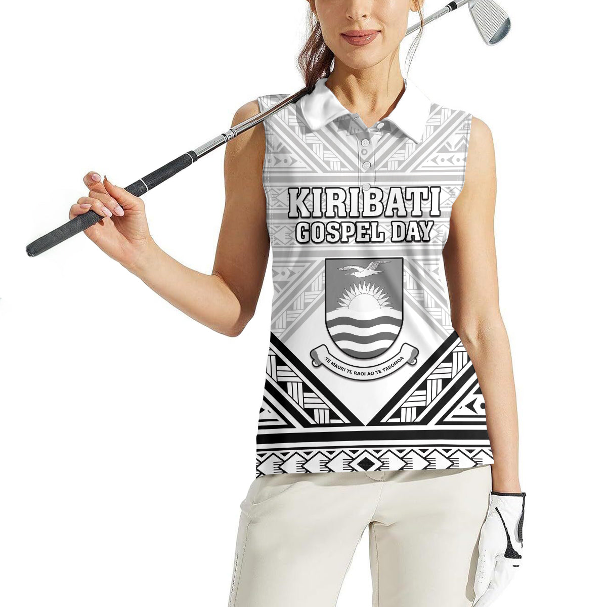 Personalised Kiribati Gospel Day Women Sleeveless Polo Shirt Coat Of Arms Polynesian Pattern LT05 - Polynesian Pride