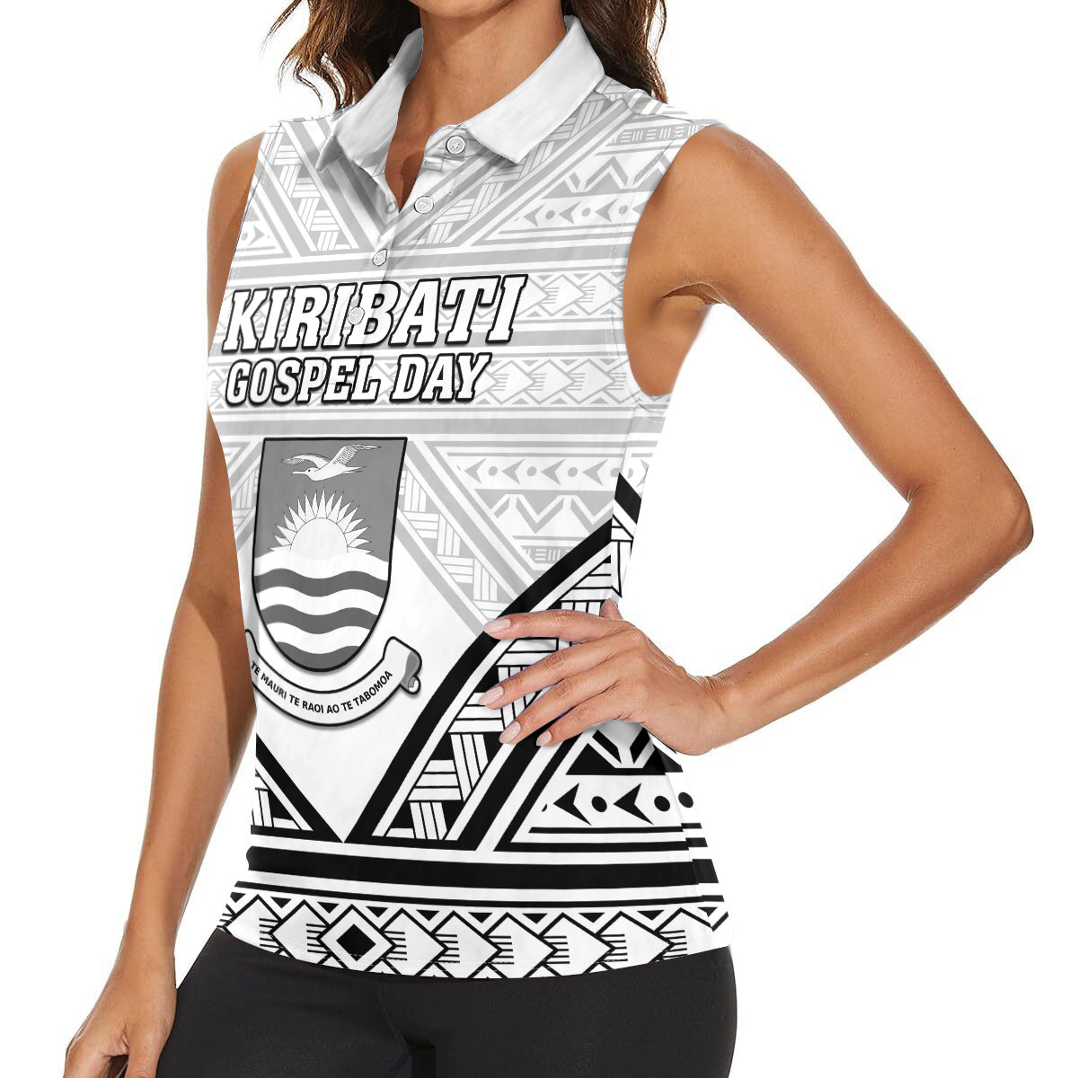 Personalised Kiribati Gospel Day Women Sleeveless Polo Shirt Coat Of Arms Polynesian Pattern LT05 - Polynesian Pride