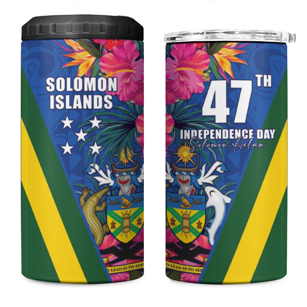 Solomon Islands Independence Day 4 in 1 Can Cooler Tumbler Coat Of Arms With Tropical Flowers LT05 One Size: 16 oz Blue - Polynesian Pride
