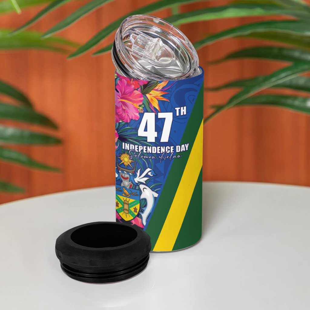 Solomon Islands Independence Day 4 in 1 Can Cooler Tumbler Coat Of Arms With Tropical Flowers LT05 - Polynesian Pride