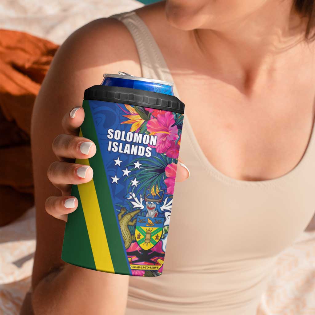 Solomon Islands Independence Day 4 in 1 Can Cooler Tumbler Coat Of Arms With Tropical Flowers LT05 - Polynesian Pride