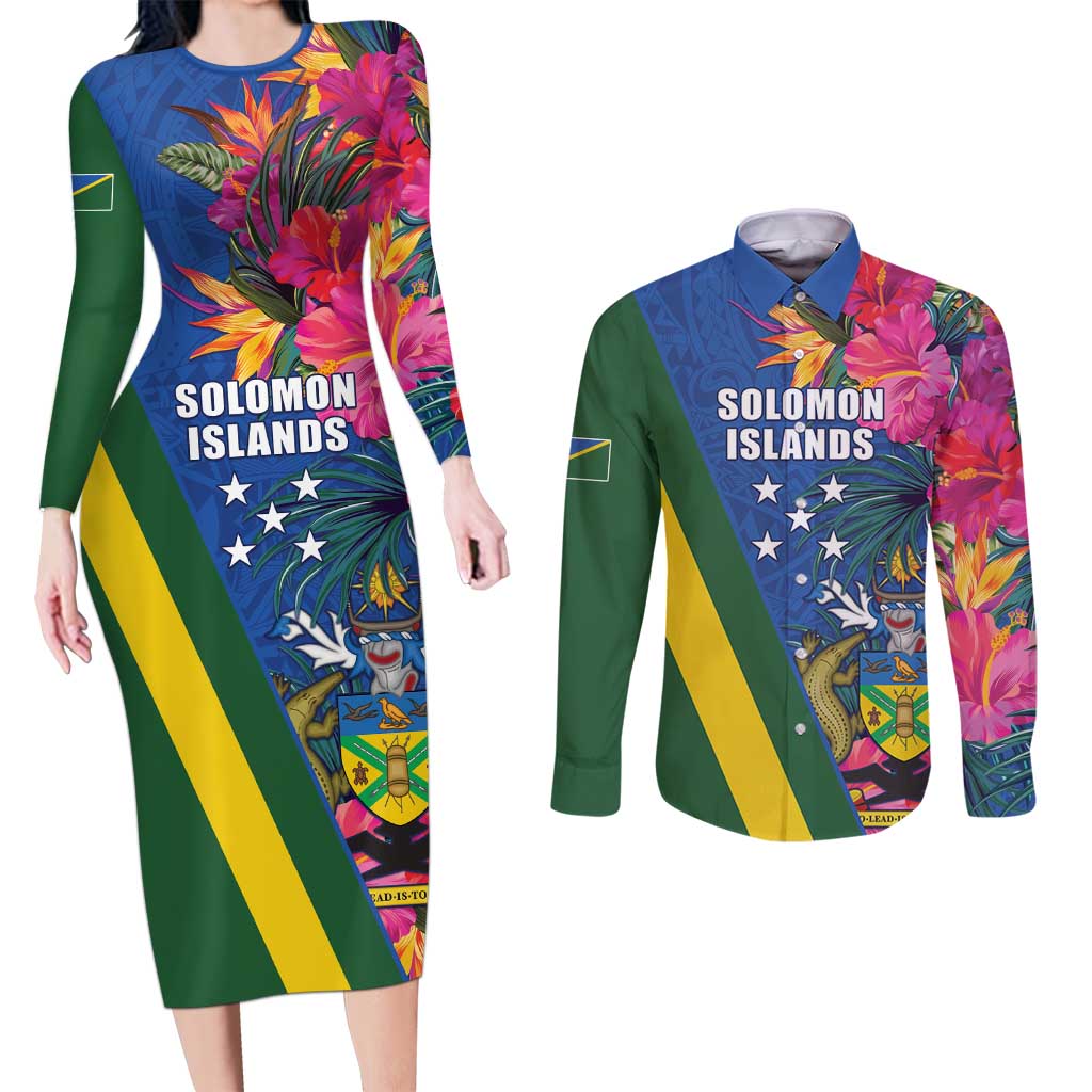 Solomon Islands Independence Day Couples Matching Long Sleeve Bodycon Dress and Long Sleeve Button Shirt Coat Of Arms With Tropical Flowers LT05 Blue - Polynesian Pride