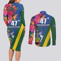 Solomon Islands Independence Day Couples Matching Long Sleeve Bodycon Dress and Long Sleeve Button Shirt Coat Of Arms With Tropical Flowers LT05 - Polynesian Pride