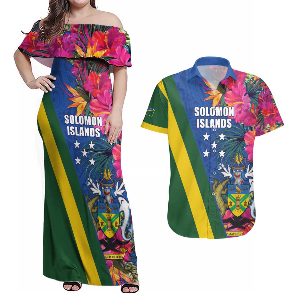 Solomon Islands Independence Day Couples Matching Off Shoulder Maxi Dress and Hawaiian Shirt Coat Of Arms With Tropical Flowers LT05 Blue - Polynesian Pride