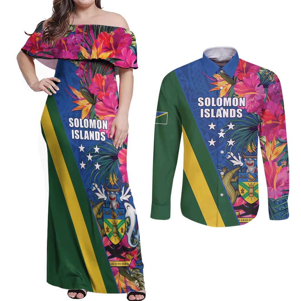 Solomon Islands Independence Day Couples Matching Off Shoulder Maxi Dress and Long Sleeve Button Shirt Coat Of Arms With Tropical Flowers LT05 Blue - Polynesian Pride