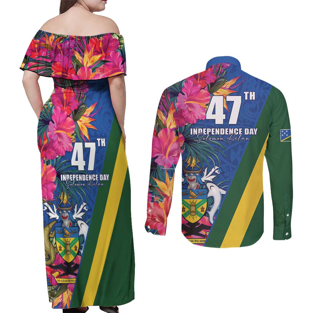 Solomon Islands Independence Day Couples Matching Off Shoulder Maxi Dress and Long Sleeve Button Shirt Coat Of Arms With Tropical Flowers LT05 - Polynesian Pride